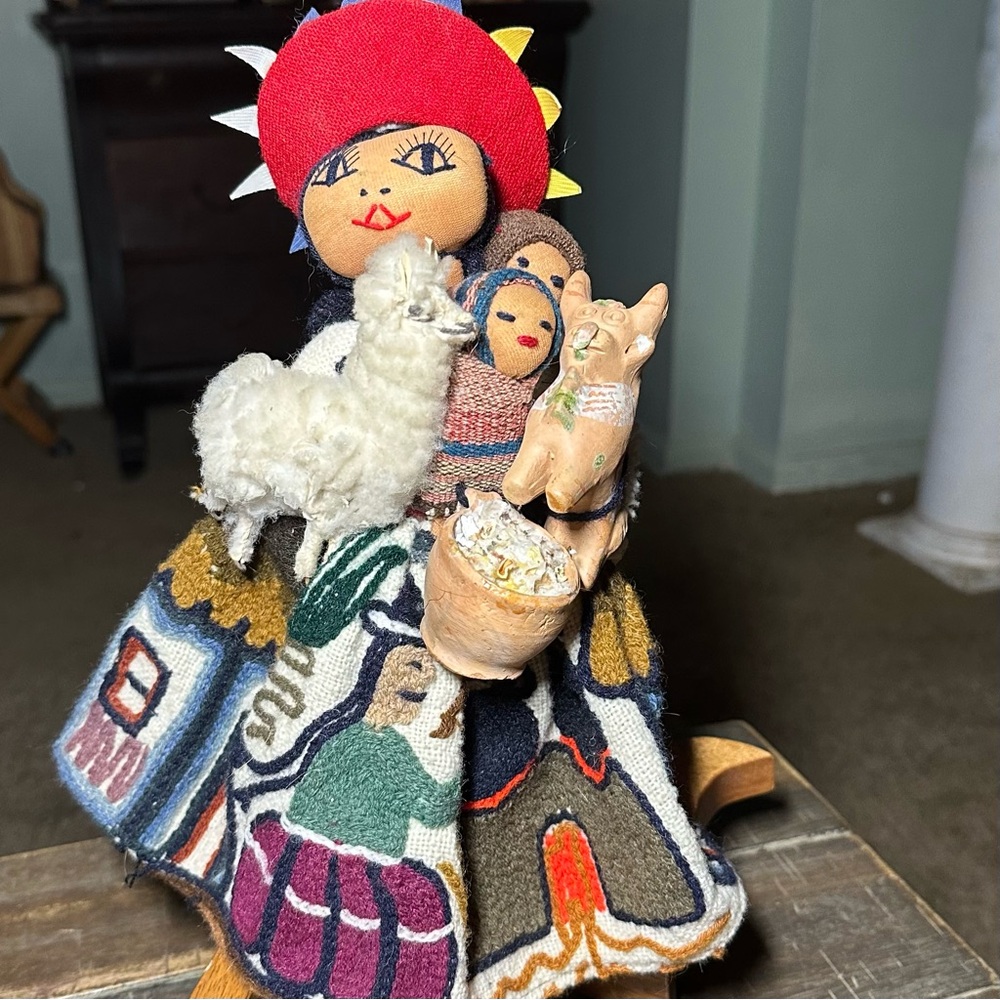 Vintage Peruvian Folk Art  Handmade Doll Mother Holding 2 Children Llama Bucket